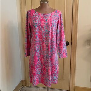 ANA CLARE Preppy Resort Beach Pink/Turquoise Print Bateau Bracelet SLV Dress L
